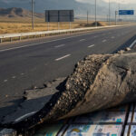 Сгенерированное изображение: Вырванная частичка дороги и под ним банкноты тенге